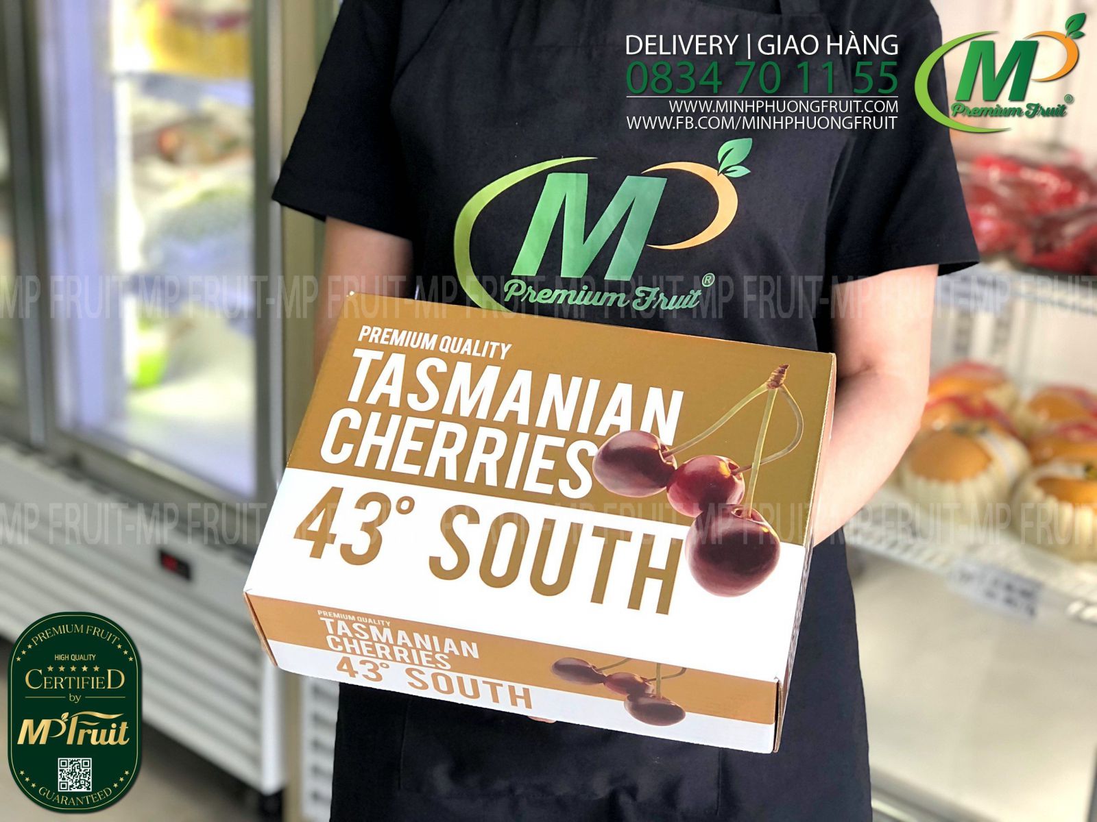 Cherry Đỏ Tasmania Size 32-34 | 43° South - Hộp 2kg thương hiệu uy tín của Úc tại MP Fruit